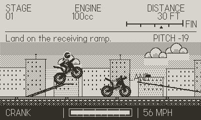 Daredevil Crank Canyon on Playdate: a motorcycle jumping toward the receiving ramp in Stage 01