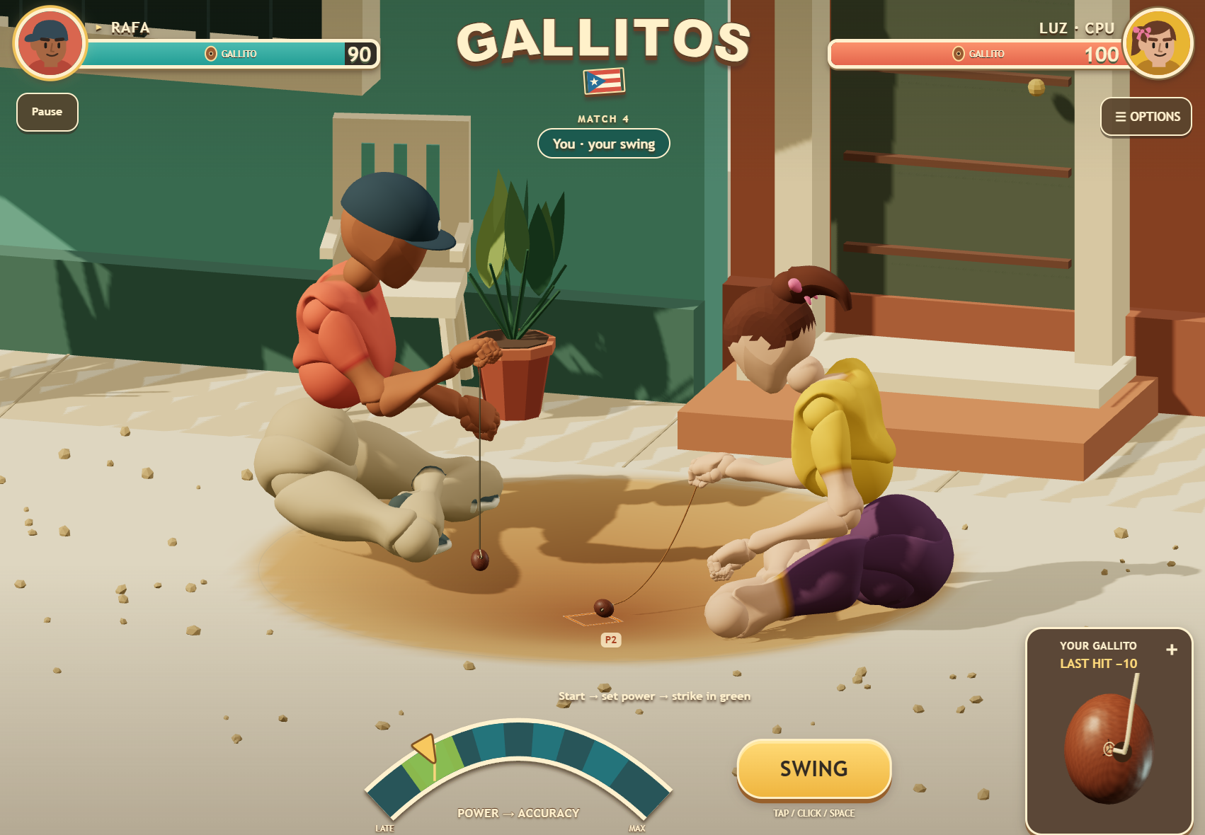 Gallitos gameplay: Rafa takes a swing against Luz in a sunny courtyard